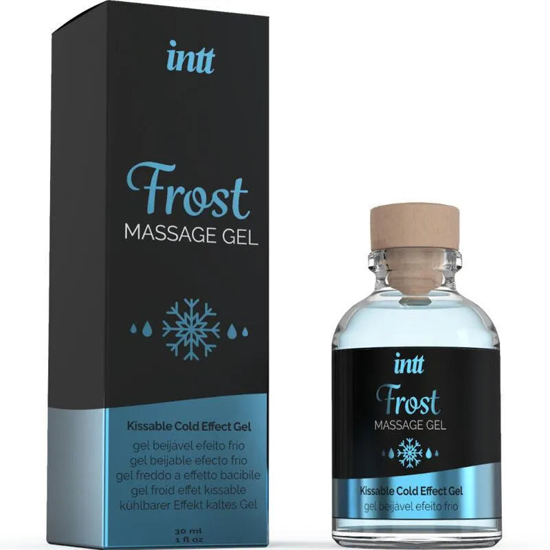 Gel massage intime menthe, flacon 30ml transparent, bouchon bois, boîte noire design, effet glacé rafraîchissant.