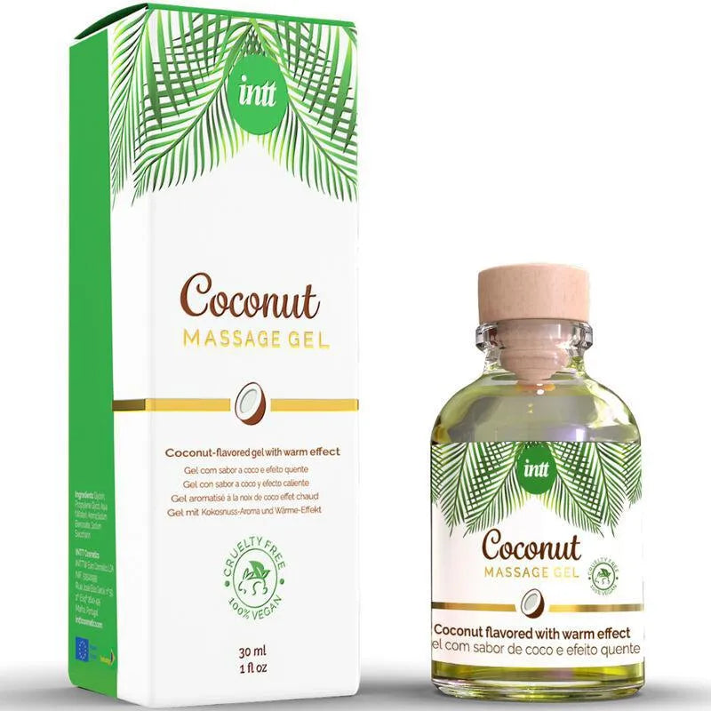 Flacon de gel massage intime vegan coco 30ml, effet chauffant, comestible, design nomade, fond blanc, motifs tropicaux.