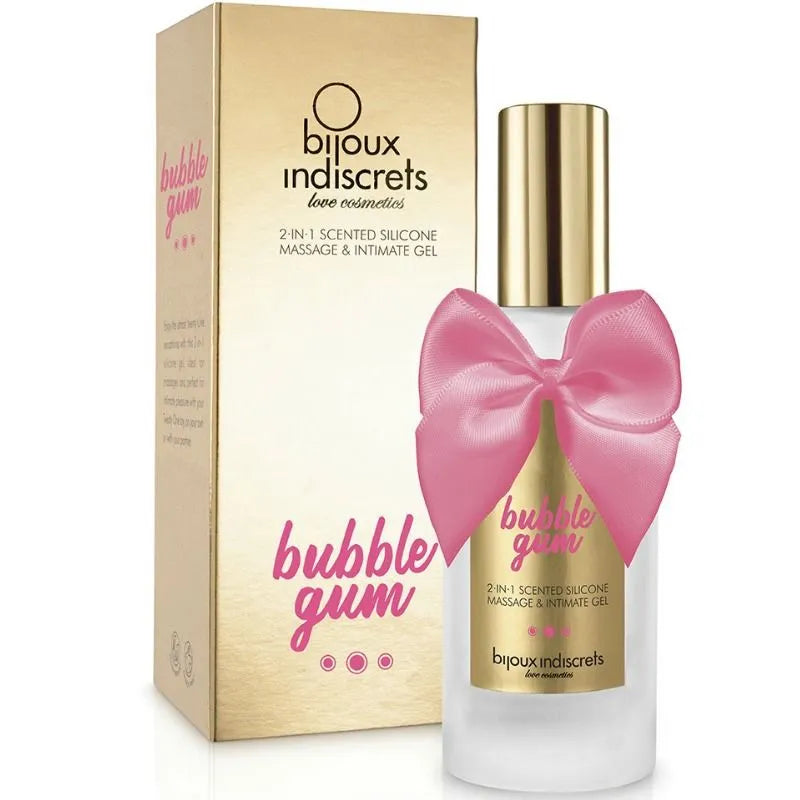 Flacon de gel lubrifiant silicone parfumé fraise avec boîte dorée, ruban rose, marque Bijoux Indiscrets.