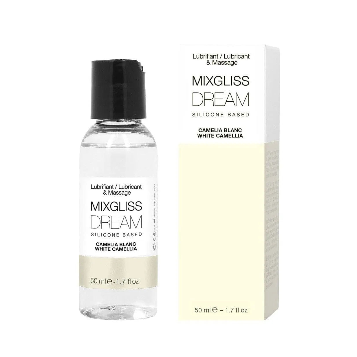 Gel massage lubrifiant silicone parfum camellia blanc texture noncollante nongrasse ultraglissante compatible préservatifs fabrication France flacon refermable antifuite 50ml