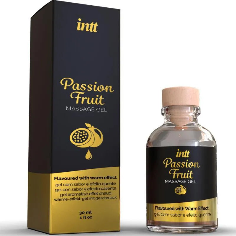 Flacon de gel de massage érotique fruit de la passion, 30ml, arôme exotique, effet chaleur, emballage noir et doré.