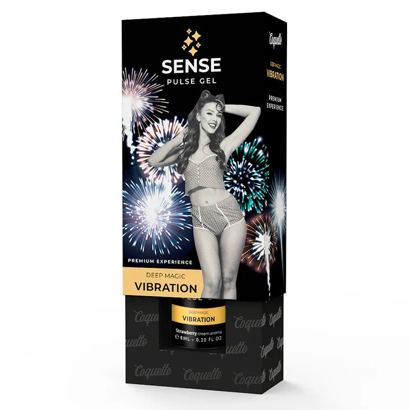 Gel massage érotique fraise, flacon noir et rouge, design vibrant, packaging élégant avec motifs feu d'artifice.
