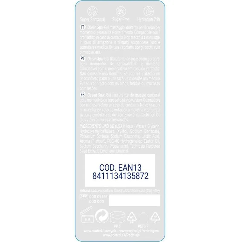 Gel massage sensuel hydratant sans paraben, flacon transparent, texture légère, compatible préservatifs, non gras.