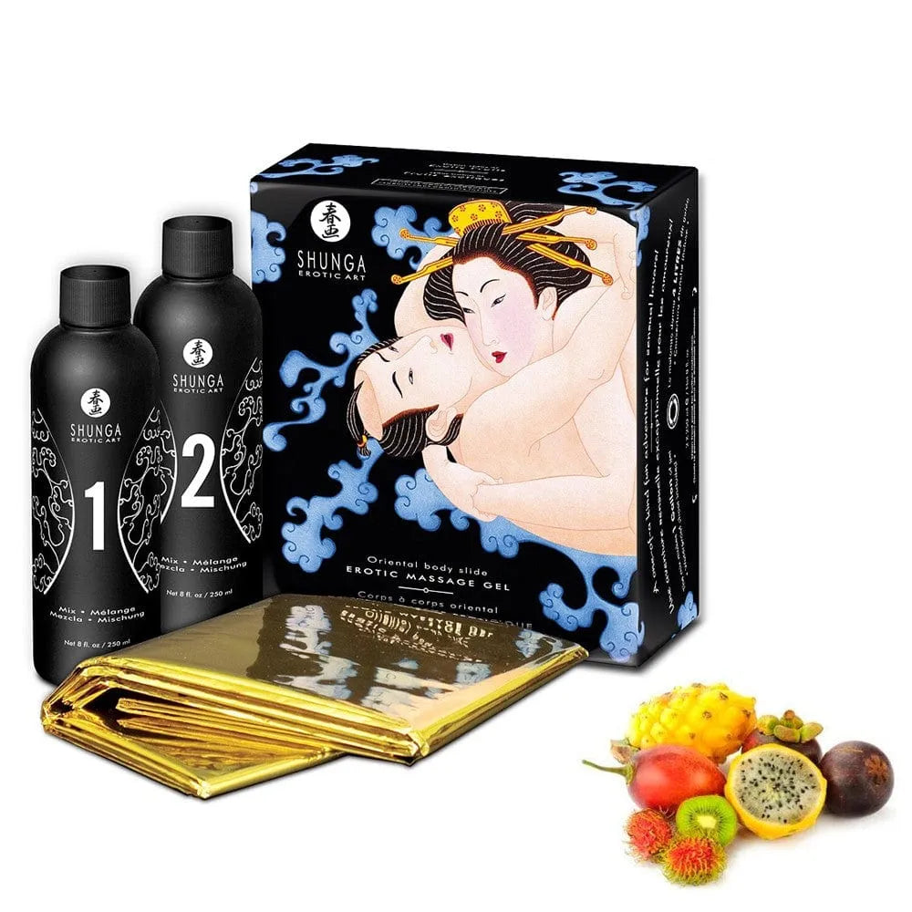 Gelée Massage Oriental Fruits Exotiques Soyeuse Enivrante Parfumée Végétalienne Léchable Sans Parabène Compatible Préservatifs Sextoys Couverture Étanche Quatre Litres