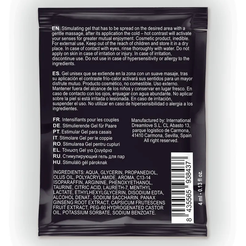 Gel intensifiant orgasme naturel, tube blanc 4 ml, effet thermique chaud-froid, compatible préservatifs, végétalien.