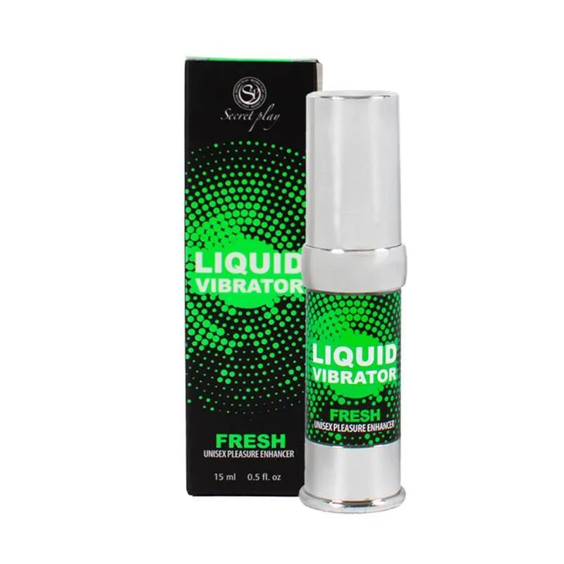 Flacon de gel intime stimulant effet froid menthe, design moderne vert et argent, 15 ml, unisexe, végétalien.