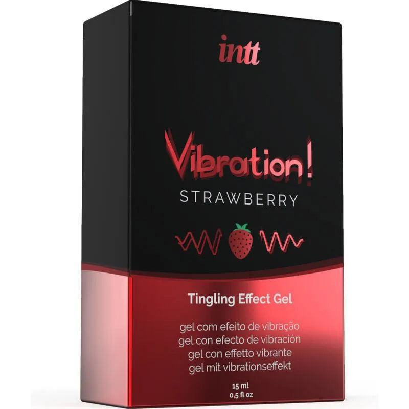 Gel intime stimulant fraise, emballage noir et rouge, arôme sucré, intensifie les sensations, usage discret et pratique.