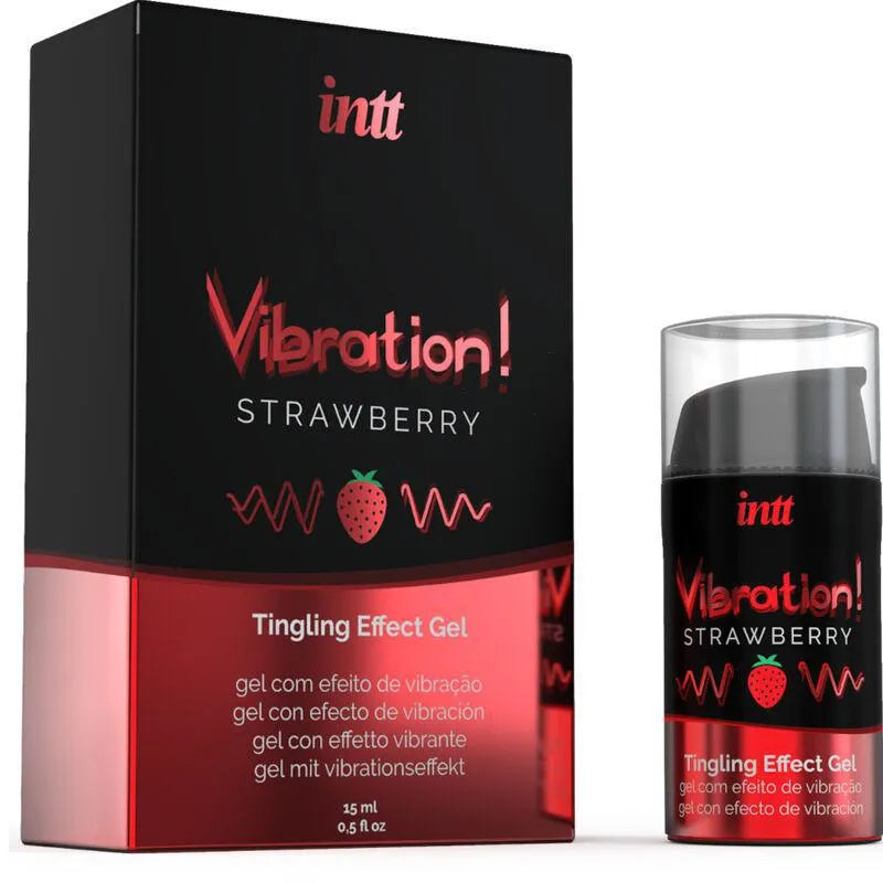 Gel intime stimulant fraise vibrant, flacon noir et rouge, saveur sucrée, intensité sensorielle, format pratique et discret.