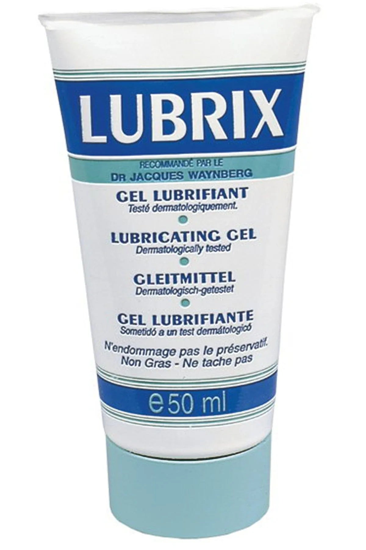 Tube de gel lubrifiant hydrosoluble 50ml, incolore, non gras, compatible préservatifs et sextoys, pour confort intime.