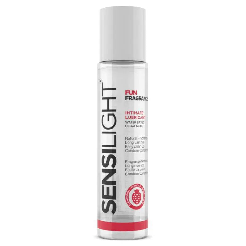 Gel lubrifiant aromatisé fraise base eau compatible latex rinçable testé dermatologiquement doux hypoallergénique parfumé sensoriel intime