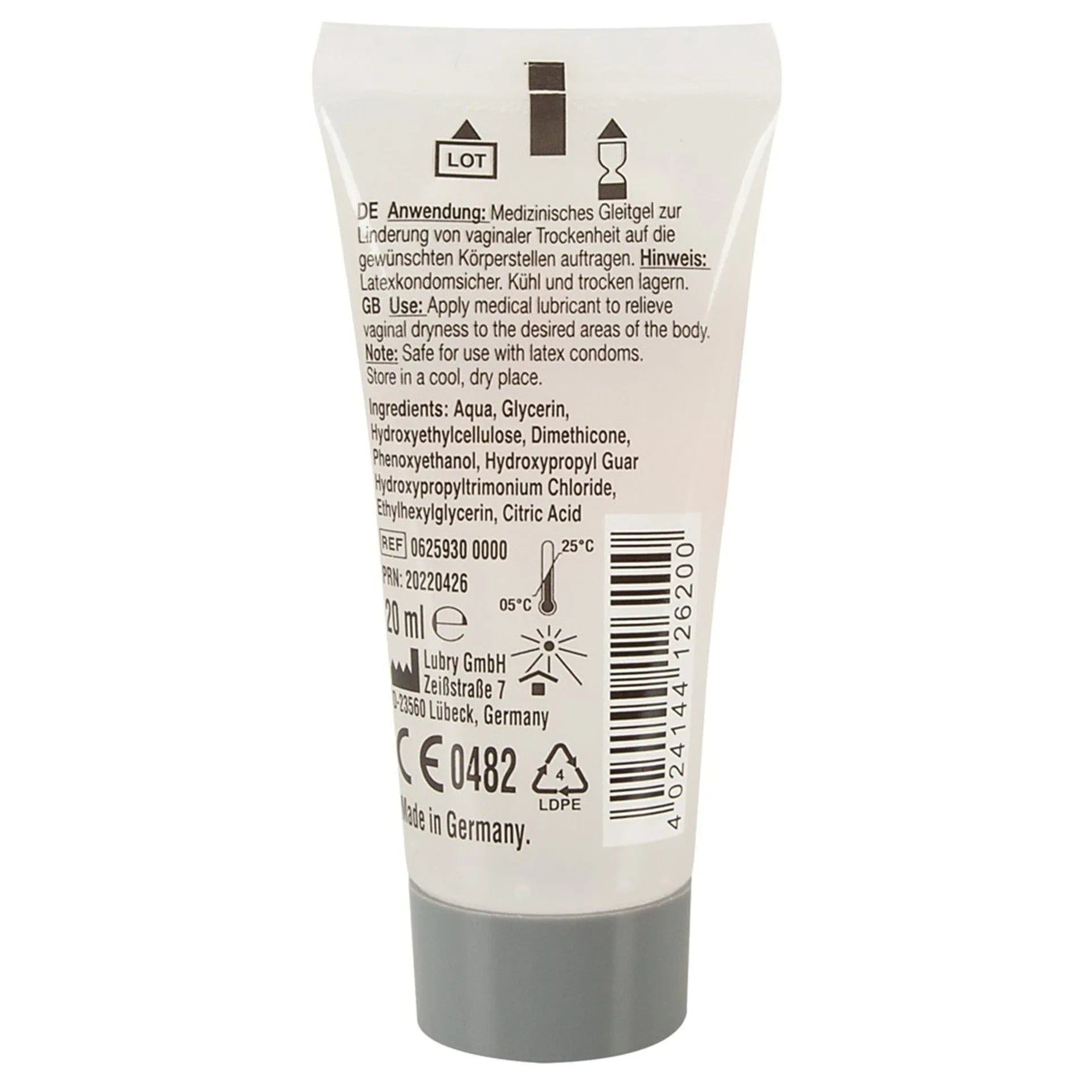 Gel lubrifiant transparent en tube, base eau et silicone, 20 ml, pour jouets intimes, texture soyeuse, fabriqué en Allemagne.