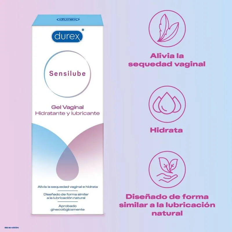 Gel lubrifiant hydratant Durex Sensilube, boîte blanche et bleue, icônes apaisantes, compatible préservatifs.