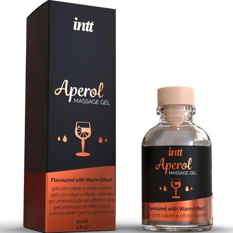 Gel lubrifiant intime Aperol, flacon transparent 30 ml, bouchon bois, boîte noire et orange, effet chauffant, aromatisé.