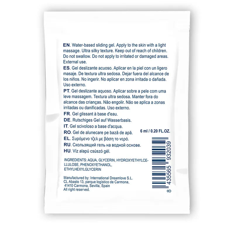 Gel lubrifiant intime Waterfeel, sachet blanc 6 ml, texte multilingue, hypoallergénique, transparent, compatible préservat...