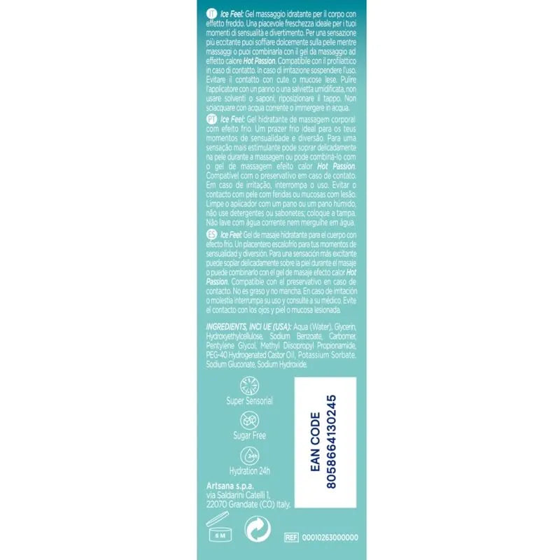 Gel lubrifiant intime rafraîchissant, flacon bleu, texte blanc, 3 en 1 massage, stimulation, lubrification longue durée.