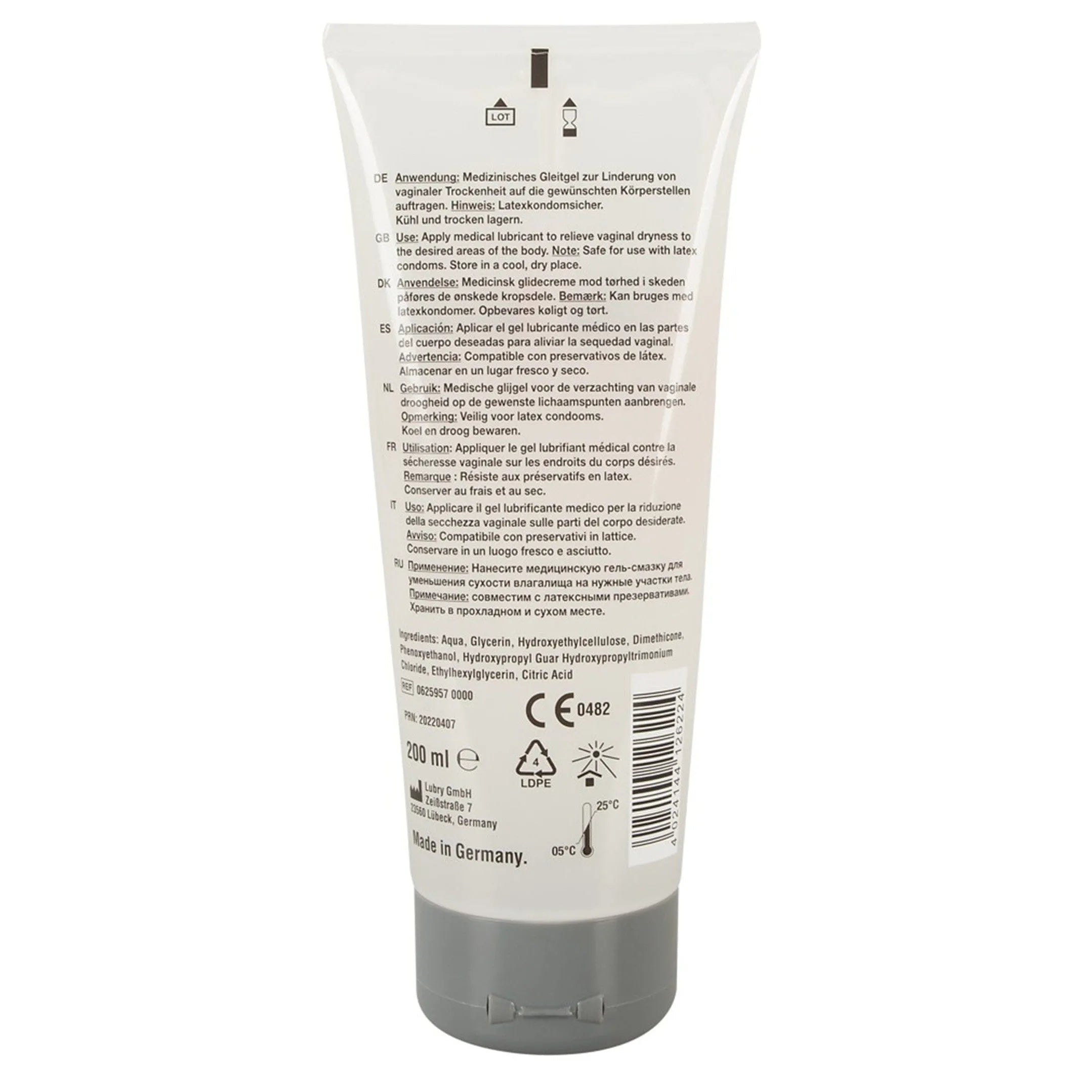 Gel lubrifiant végétalien hybride, flacon 200 ml, design épuré, étiquette blanche avec texte noir, bouchon gris.