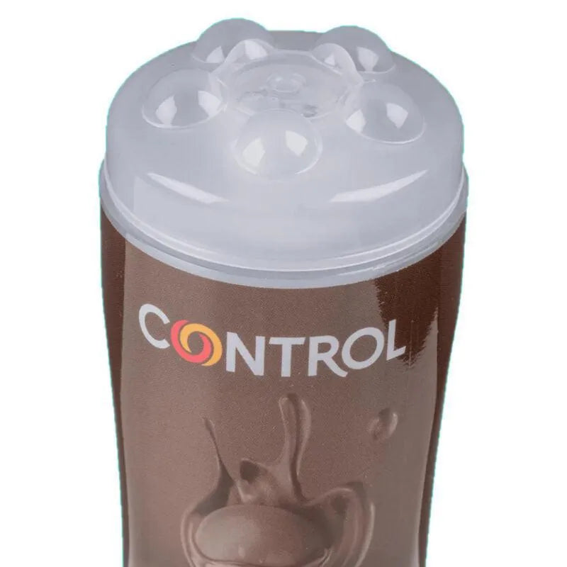 Flacon marron de gel massage chocolat avec capuchon sphères massantes, 200ml, arôme envoûtant, texture soyeuse.