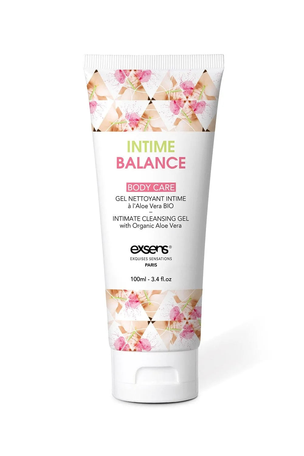 Gel nettoyant intime bio Exsens, tube blanc 100ml, motifs floraux, aloe vera, certifié Cosmos Ecocert, sans parabènes.