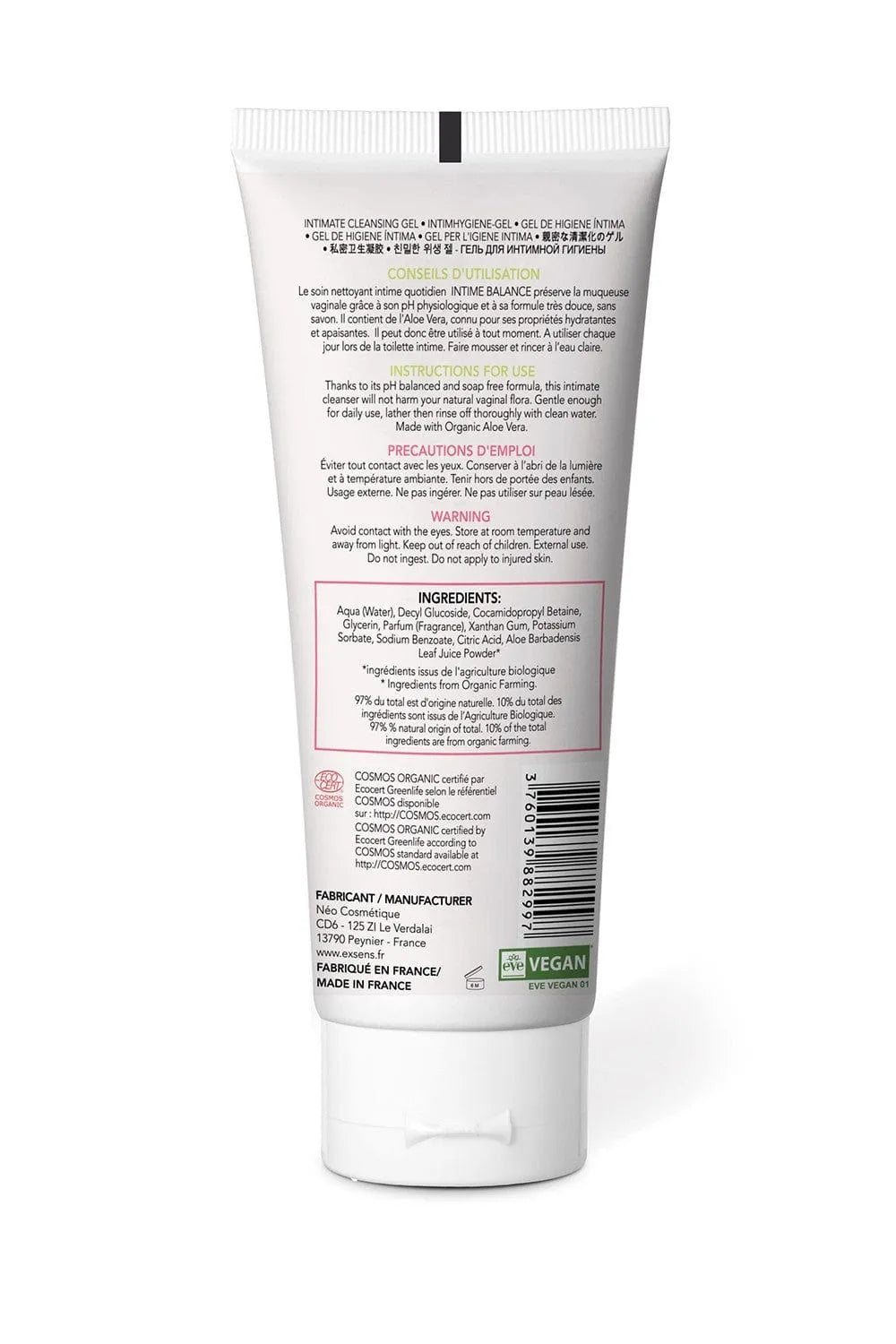 Gel nettoyant intime bio Exsens, tube blanc 150ml, Aloe Vera, certifié Cosmos Ecocert, sans parabènes ni sulfates.