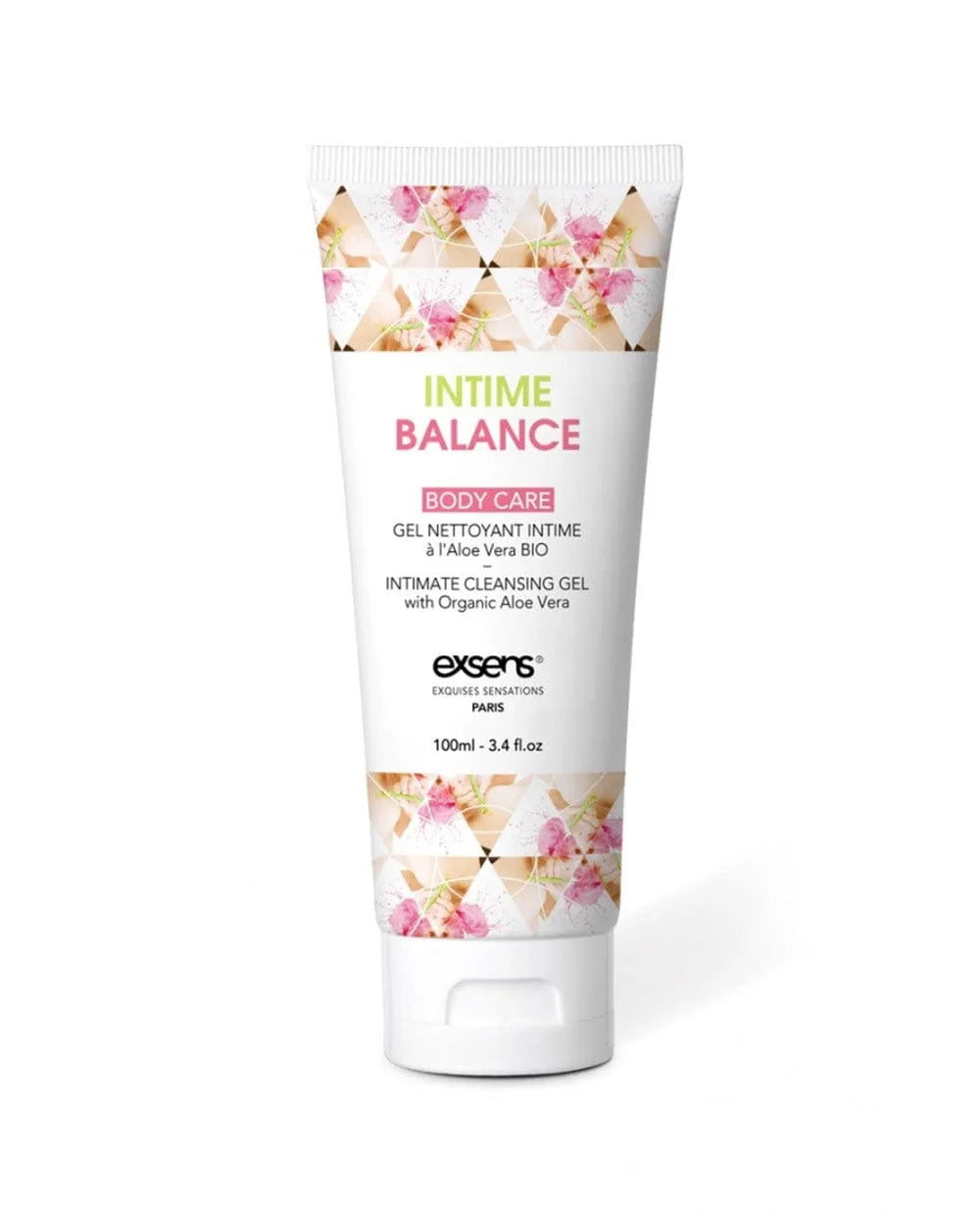 Gel nettoyant intime bio Exsens, tube blanc 100ml, motifs floraux, Aloe Vera, certifié Cosmos Ecocert, sans parabènes.