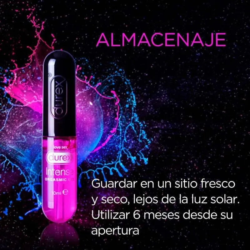 Gel orgasmique intense Durex, flacon rose et noir, 10 ml, fond éclatant, stimulant clitoridien, sensations amplifiées.