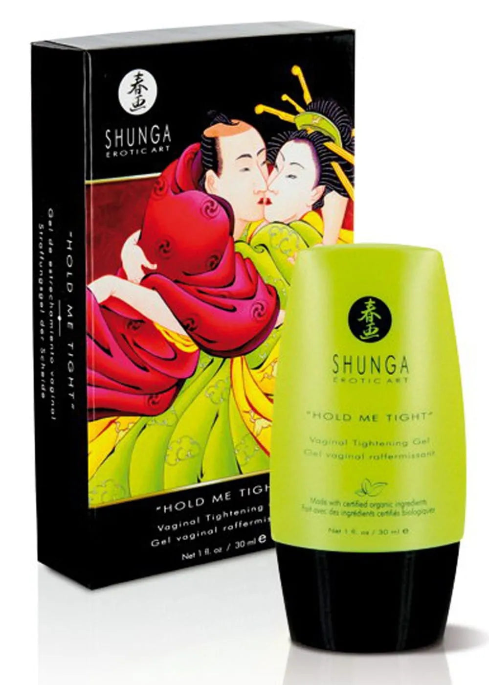 Gel raffermissant bio pour muscles vaginaux, flacon vert 30ml, boîte illustrée, tonifiant post-accouchement, confort intime.