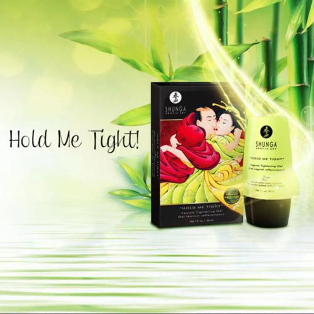 Gel raffermissant bio pour muscles vaginaux, tube vert et boîte illustrée, fond bambou, tonifiant et revitalisant.