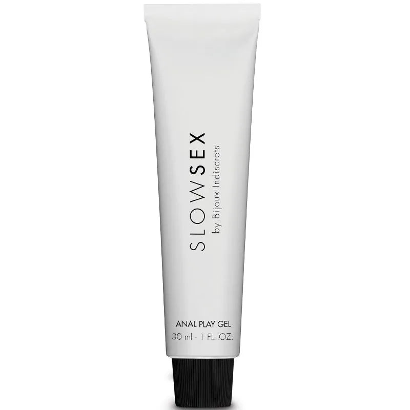 Tube de gel relaxant anal blanc 30ml, camomille, aloe vera, arnica, arôme coco, texture légère, compatible jouets.