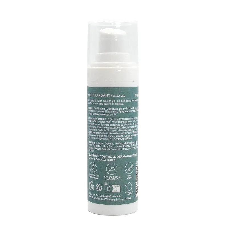 Flacon de gel retardateur éjaculation précoce végan, blanc et vert, 50ml, fabriqué en France, ingrédients naturels.