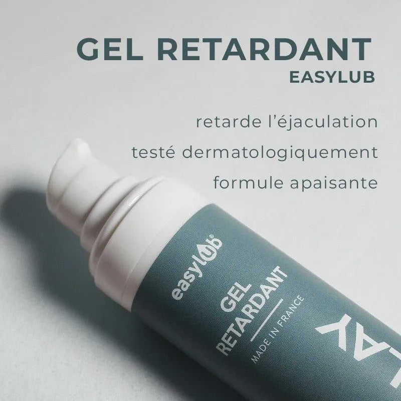 Flacon de gel retardateur éjaculation précoce végan, gris et blanc, fabriqué en France, formule naturelle apaisante.