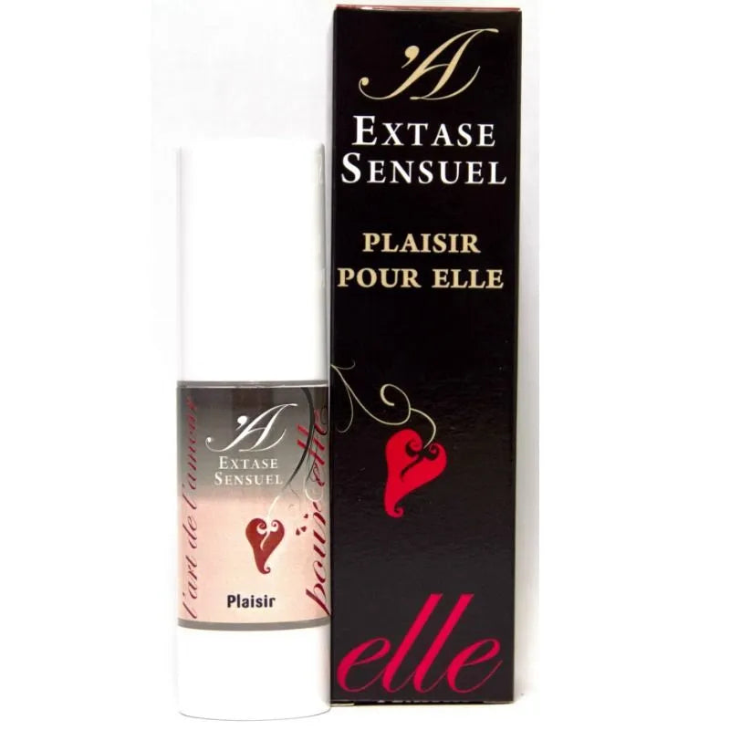 Gel stimulant féminin 30ml, flacon blanc et noir, design élégant, texte Plaisir pour elle, sensation feu glace.