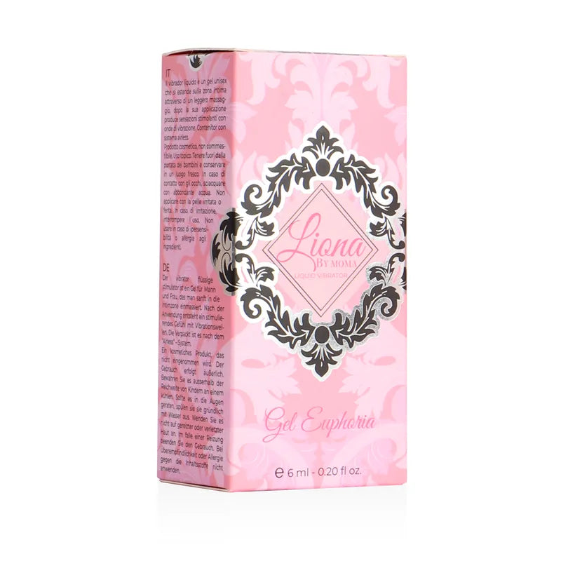 Boîte rose du gel stimulant intime Liona, design élégant, texte en noir, motifs floraux, 6 ml, absorption rapide.