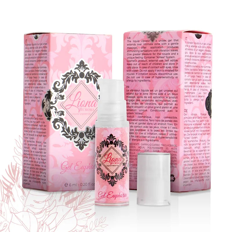 Gel stimulant intime Liona, flacon transparent 6ml, boîte rose décorative, formule hydratante aloe, effet immédiat.