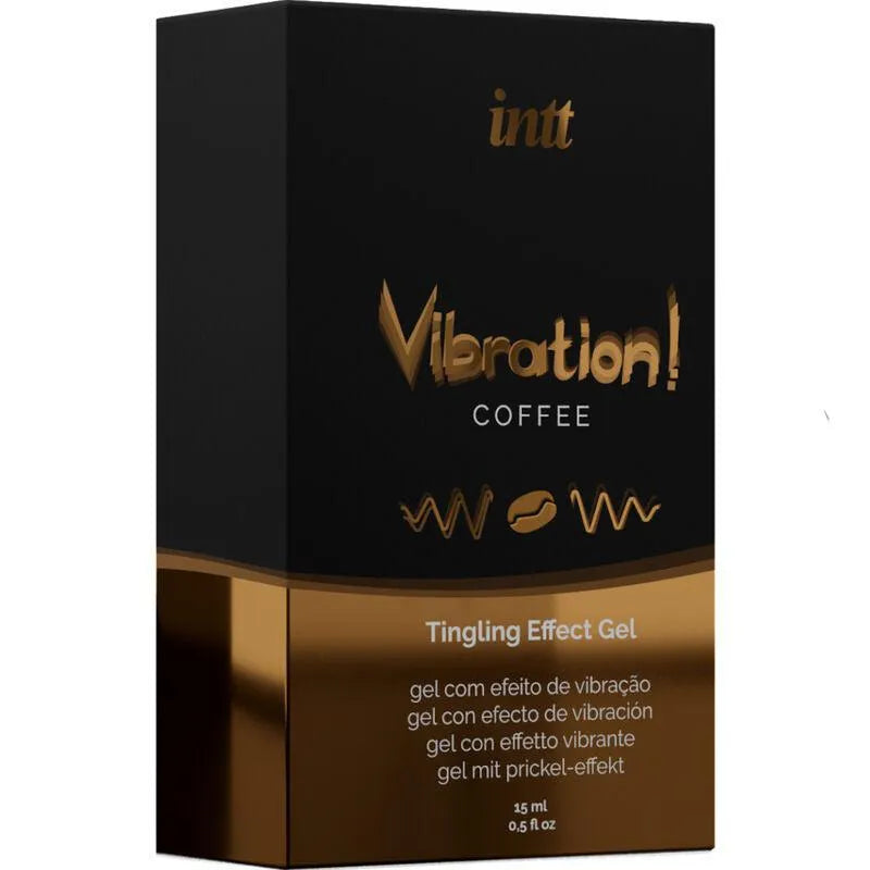 Boîte noire et dorée de gel stimulant intime arôme café sucré, 15 ml, avec texte Vibration! Coffee et détails vibrants.