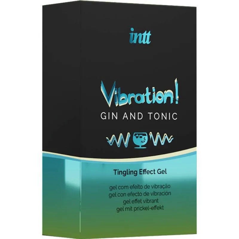 Gel stimulant intime arôme gin tonic, boîte noire et turquoise, texte Vibration!, effet vibrant, usage discret.