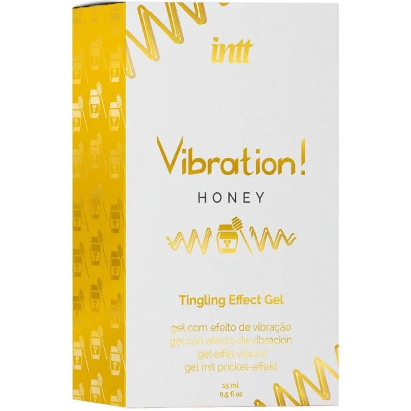 Gel stimulant intime arôme miel, flacon jaune et blanc, design moderne, effet vibrant et chauffant, plantes amazoniennes.