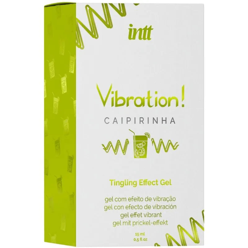 Gel stimulant intime vibrant, boîte verte et blanche, arôme caipirinha, effets pulsation et chauffage, 15 ml.