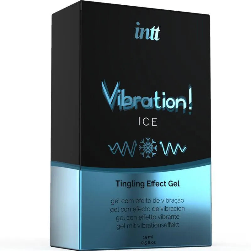 Gel stimulant intime effet glacé menthe, flacon compact noir et bleu, texte Vibration! ICE, 15 ml, design moderne.
