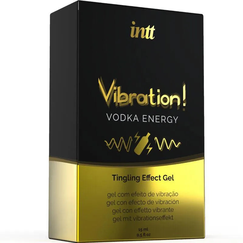 Gel stimulant intime Vibration Vodka, flacon noir et or 15ml, intensifie sensibilité, formule rafraîchissante et savoureuse.