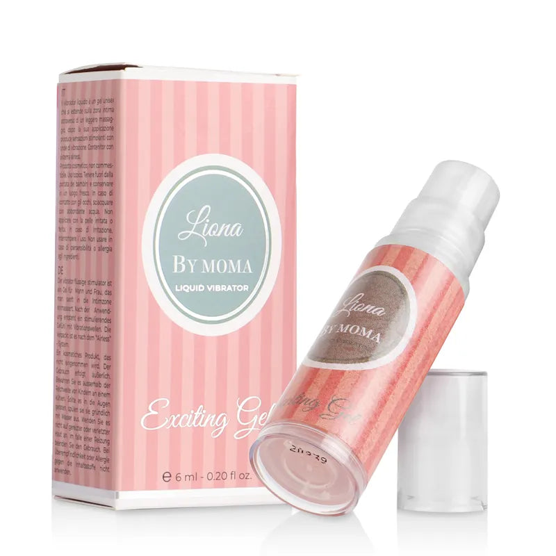 Flacon gel stimulant intime Liona Moma 6ml, rose, effet hydratant et stimulant, packaging élégant et discret.