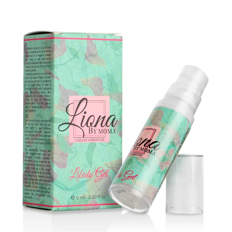 Flacon de gel stimulant sexuel Liona by Moma, design luxueux vert et rose, 6 ml, hydratation rapide et sensations intenses.