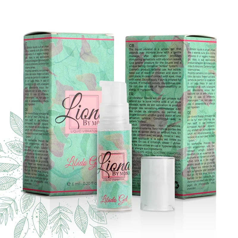 Flacon de gel stimulant sexuel Liona by Moma, design luxueux, couleur pastel, packaging élégant, 6 ml.