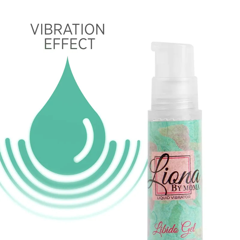 Gel stimulant sexuel Liona, flacon pompe transparent, étiquette verte et rose, effet vibration, hydratation rapide.