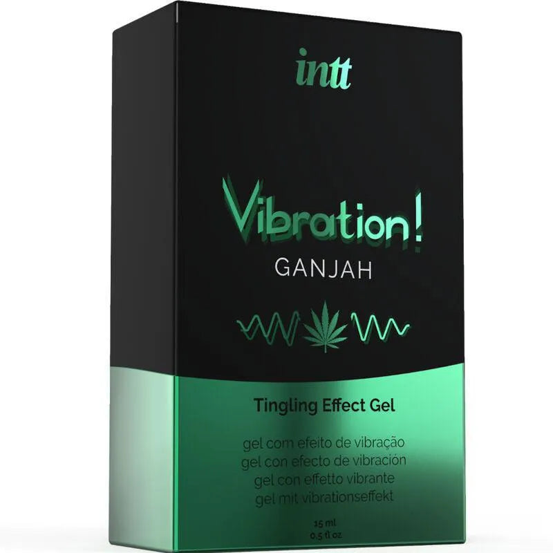 Gel stimulant vibrant cannabis intime, flacon pompe 15ml, design vert et noir, arôme rafraîchissant, intensité accrue.