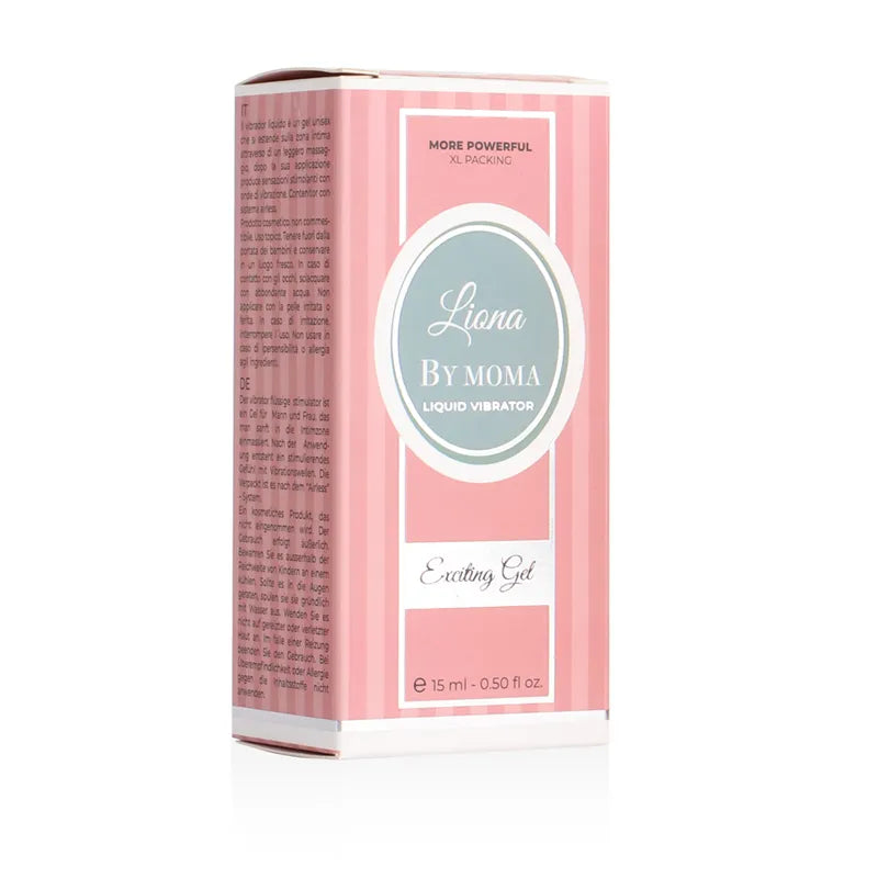 Boîte rose du Gel Stimulant Vibrant Liona Intime, format 15 ml, design élégant et discret, texte Exciting Gel.
