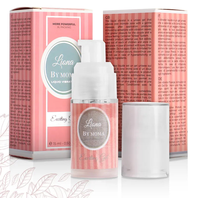 Flacon de gel stimulant vibrant Liona, format miniature, texture soyeuse, packaging rose, pour expérience intime sensorielle.