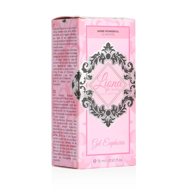 Gel stimulant vibrant intime Liona by Moma, 15ml, emballage rose avec motifs élégants, formulation naturelle.