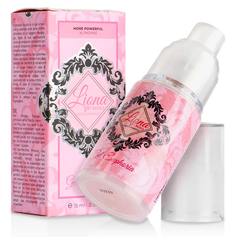 Flacon rose 15ml de gel stimulant vibrant Liona by Moma, design élégant, packaging rose et noir, pour plaisir intime.