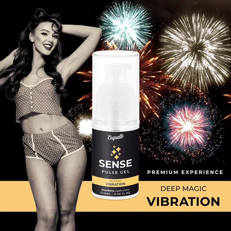 Gel vibromasseur fraise unisexe, flacon transparent avec pompe, design moderne, fond feu d'artifice, expérience sensorielle.