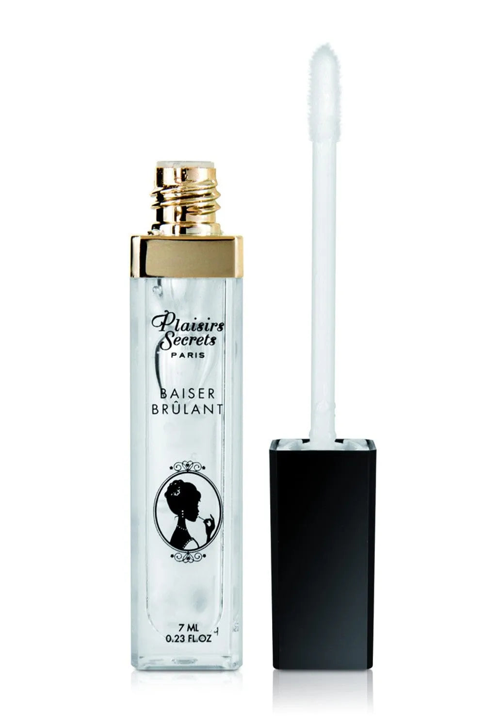 Gloss lèvres thermosensoriel fraise, tube transparent avec bouchon doré, applicateur blanc, effet chaud-froid hydratant.
